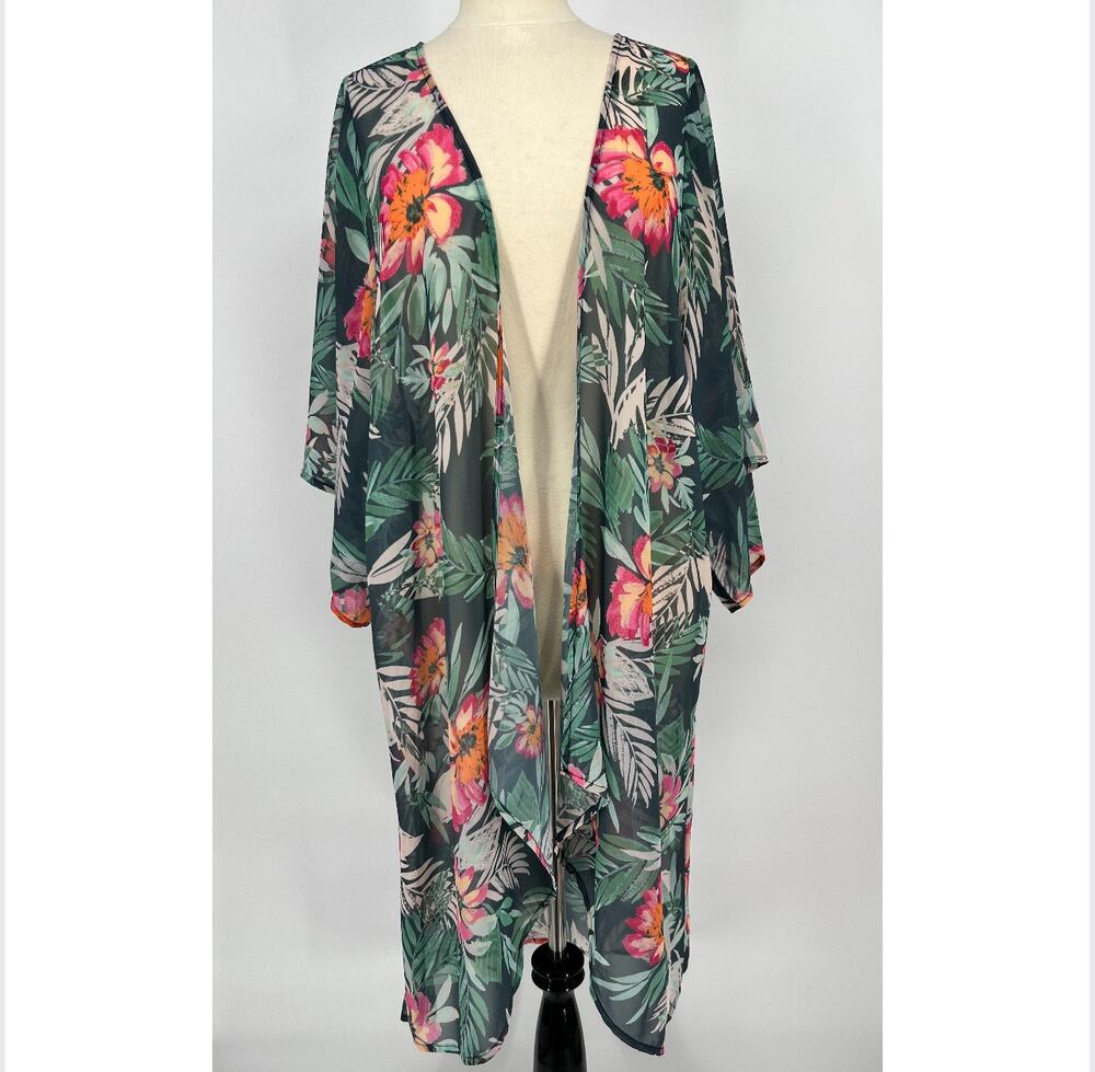 Mary and Mabel Kimono Top Cover Tropical Floral S/M Green Pink Open Sheer Long